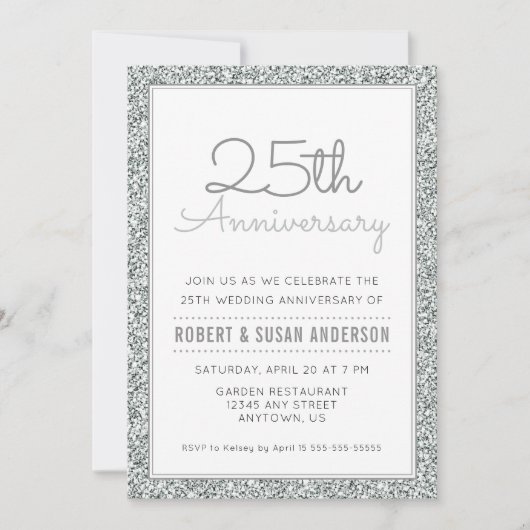 25e bruiloft Jubileum Faux Silver Glitter Kaart (Voorkant)