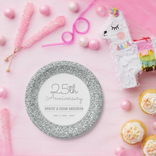 25e bruiloft Jubileum Faux Silver Glitter Papieren Bordje (Feest)
