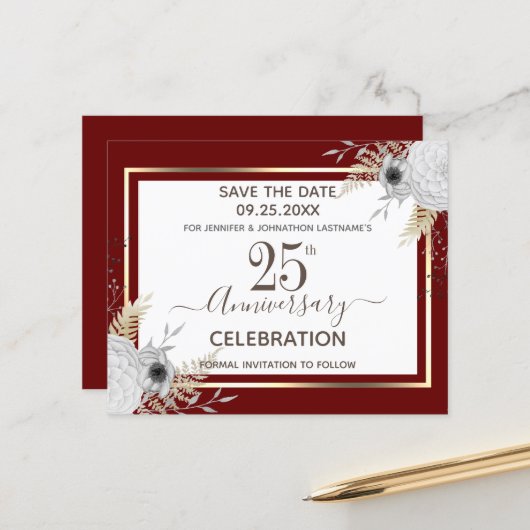 25e bruiloft Jubileum Floral Save the Date (Voorkant / Achterkant in situ)