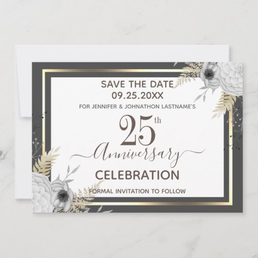 25e bruiloft Jubileum Floral Save the Date Kaart (Voorkant)