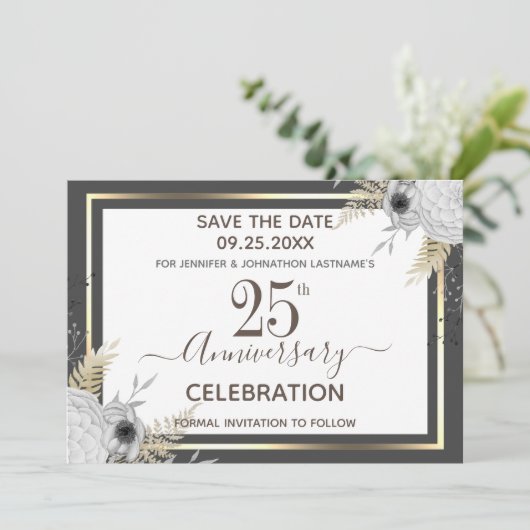25e bruiloft Jubileum Floral Save the Date Kaart (Staand voorkant)