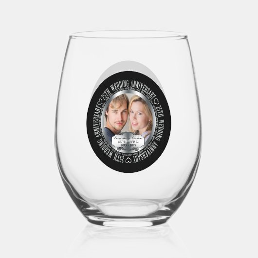 25e bruiloft Jubileum Foto Namen Datum Wijnglas Zonder Voet (Voorkant)