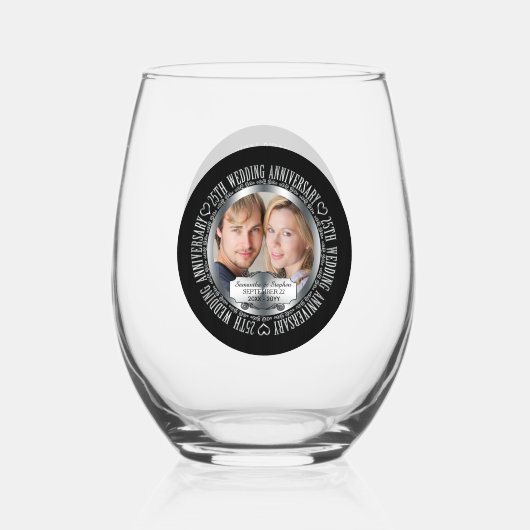 25e bruiloft Jubileum Foto Namen Datum Wijnglas Zonder Voet (Achterkant)