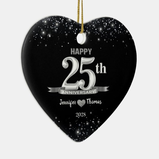 25e bruiloft Jubileum Glitter Silver Custom Keramisch Ornament (Rechts)