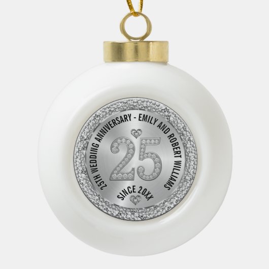 25e bruiloft Jubileum Gold White Diamonds Keramische Bal Ornament (Voorkant)