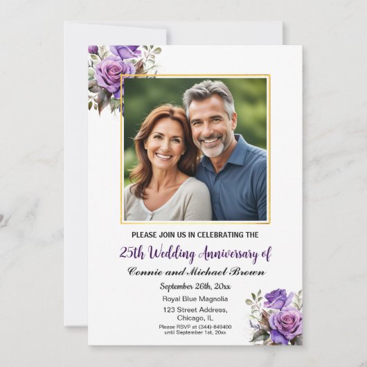 25e bruiloft Jubileum Goud Lijst Paarse Rozen Kaart (Voorkant)