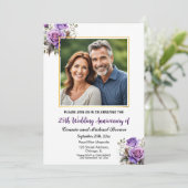 25e bruiloft Jubileum Goud Lijst Paarse Rozen Kaart (Staand voorkant)