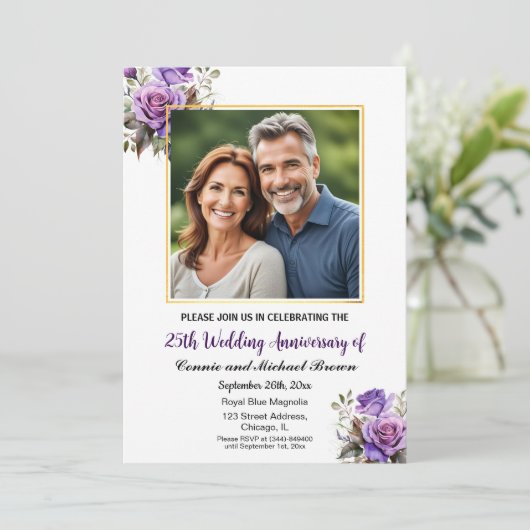 25e bruiloft Jubileum Goud Lijst Paarse Rozen Kaart (Staand voorkant)