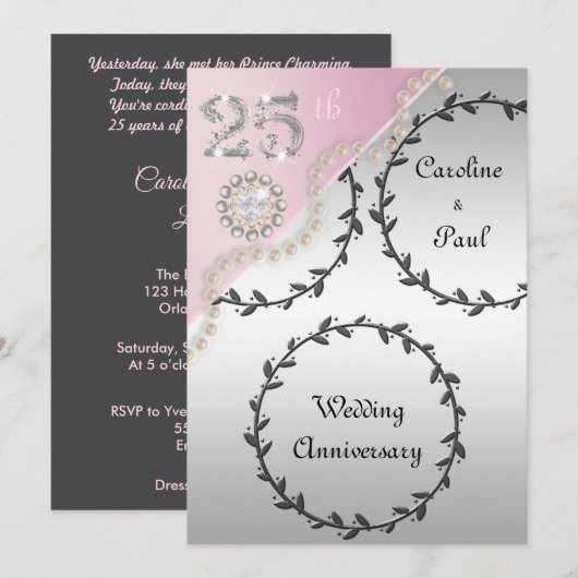 25e bruiloft Jubileum in reliëf van zilveren Roos Kaart (Voorkant / Achterkant)