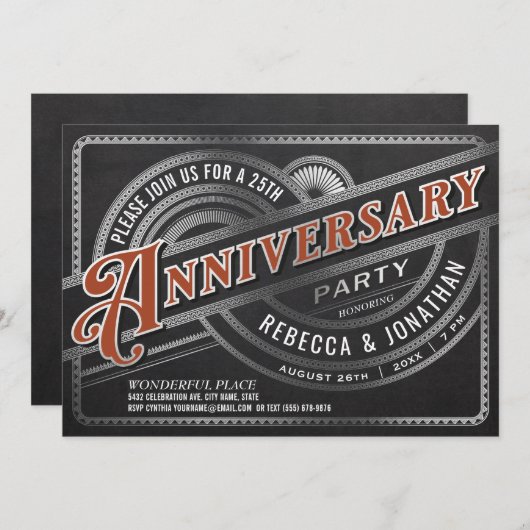 25e bruiloft Jubileum Invitations Retro Folie Kaart (Voorkant / Achterkant)