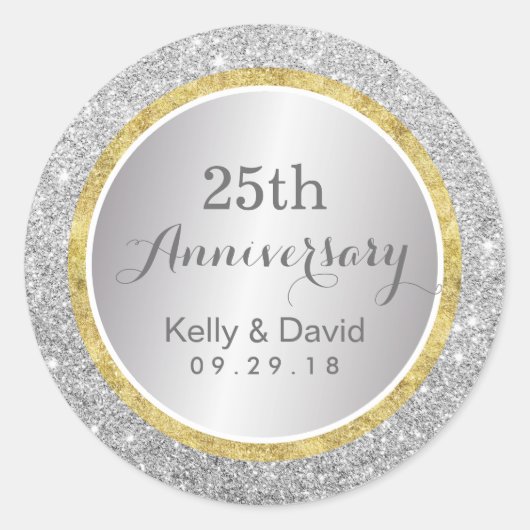 25e bruiloft Jubileum Modern Silver Glitter Ronde Sticker (Voorkant)