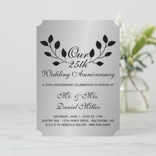 25e bruiloft Jubileum partij Silver Invite Kaart (Staand voorkant)