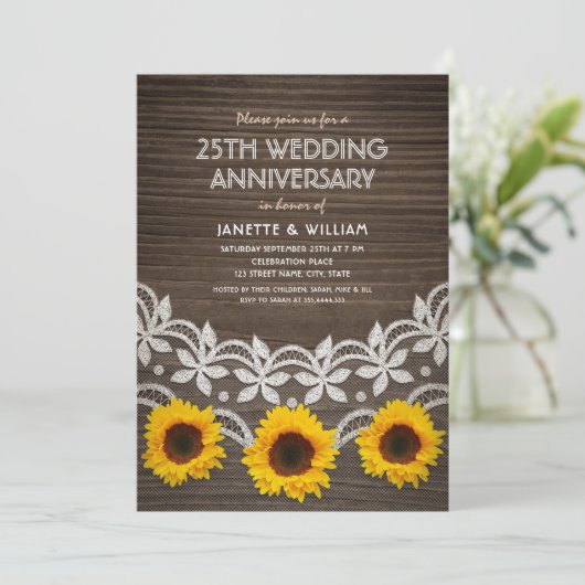 25e bruiloft Jubileum Rustic Sunflower Lace Kaart (Staand voorkant)