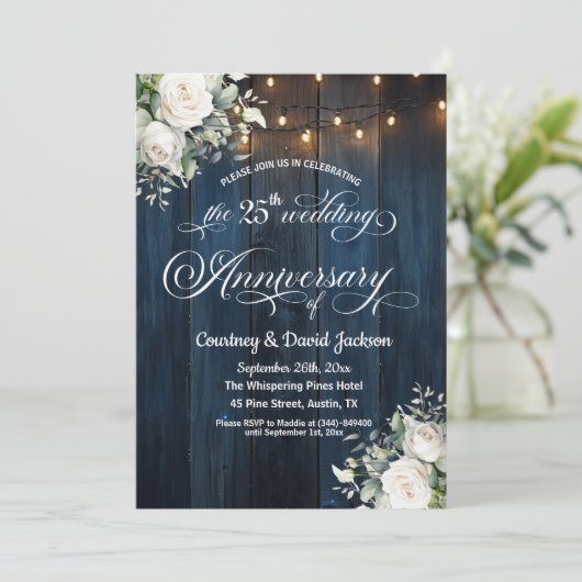 25e bruiloft Jubileum Rustiek Blauw String Lichten Kaart (Staand voorkant)