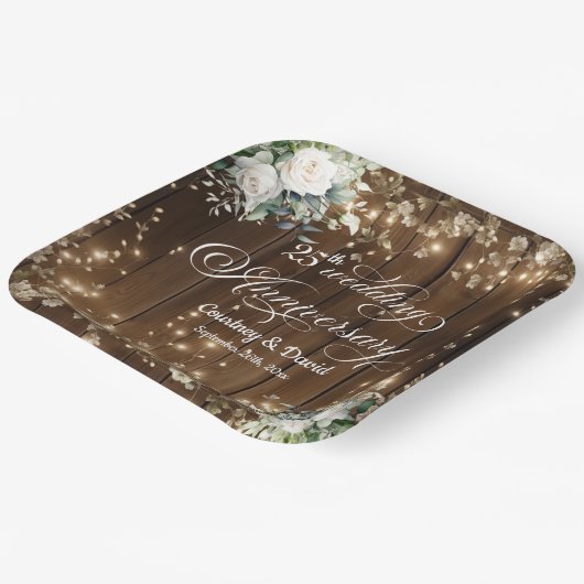 25e bruiloft Jubileum Rustieke String Lights Papieren Bordje (Gebogen)