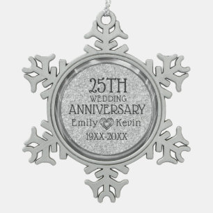 25e bruiloft Jubileum Silver Grey Glitter Tin Sneeuwvlok Ornament