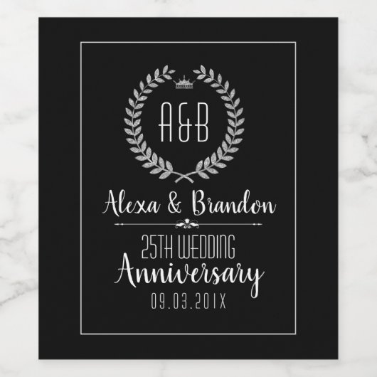 25e bruiloft Jubileum Silver Laure krans Wijn Etiket (Enkel label)