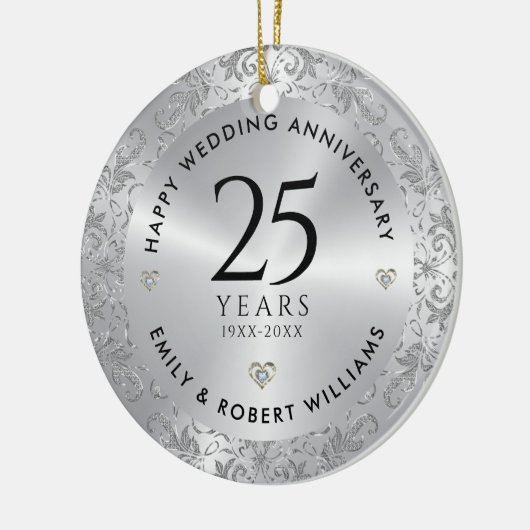 25e bruiloft Jubileum Silver Sparkling Lijst Keramisch Ornament (Links)