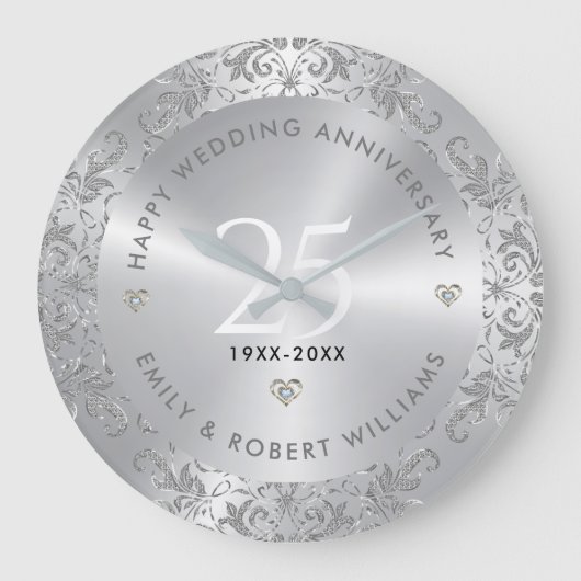 25e bruiloft Jubileum Silver Swirls Grote Klok (Voorkant)