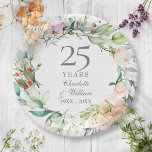 25e bruiloft Jubileum Silver Waterverf Floral Papieren Bordje<br><div class="desc">Deze botanische 25e trouwdag-borden met een delicate waterverf bloemperkool kunnen gepersonaliseerd worden met je speciale zilveren verjaardagsinformatie in elegante zilvertekst. Ontworpen door: Thisnotme©</div>