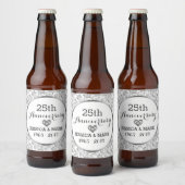 25e bruiloft Jubileum Silver & White Damaskers Bier Etiket (Flessen)