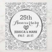 25e bruiloft Jubileum Silver & White Damaskers Wijn Etiket (Enkel label)