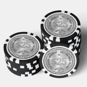 25e bruiloft Jubileum Silver White Diamonds Poker Chips