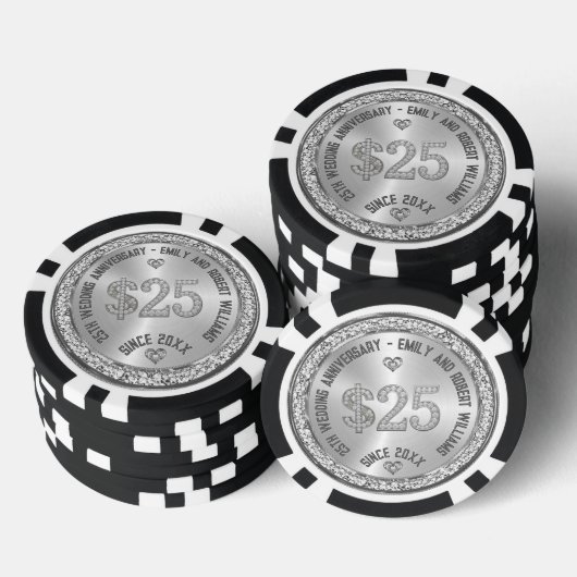 25e bruiloft Jubileum Silver White Diamonds Poker Chips (Opstapeling)