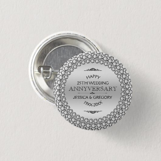 25e bruiloft Jubileum Silver & White Diamonds Ronde Button 3,2 Cm (Voorkant /achterkant)