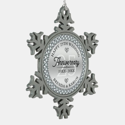 25e bruiloft Jubileum Silver & White Diamonds Tin Sneeuwvlok Ornament (Links)