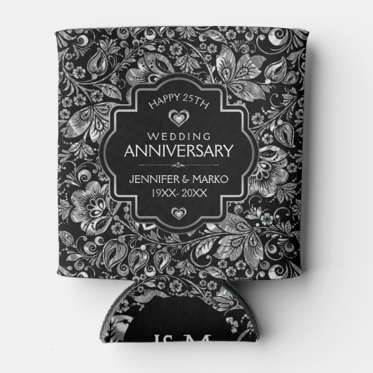 25e bruiloft Jubileum & SilverFloral Damasks Blikjeskoeler (Voorkant)