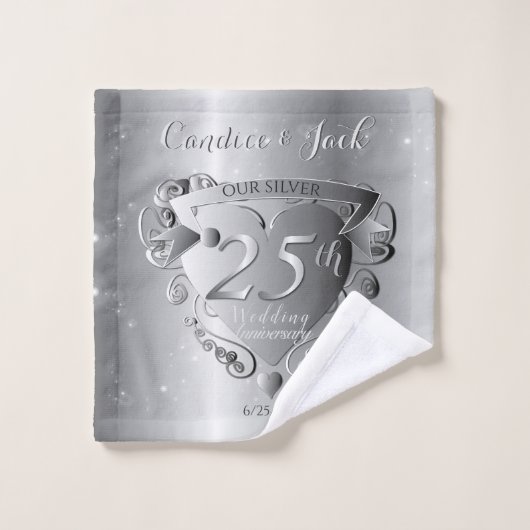 25e bruiloft Jubileum Silvery Heart Bad Handdoek (Wasdoekje)