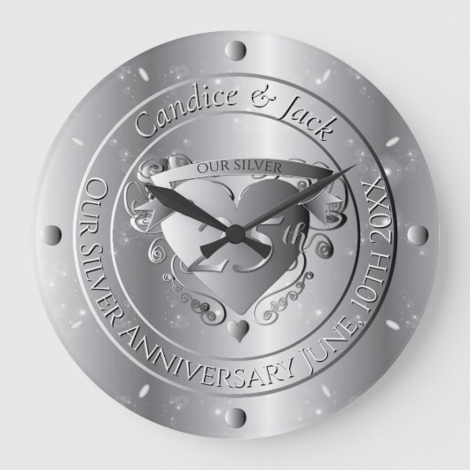 25e bruiloft Jubileum Silvery Heart Grote Klok (Voorkant)