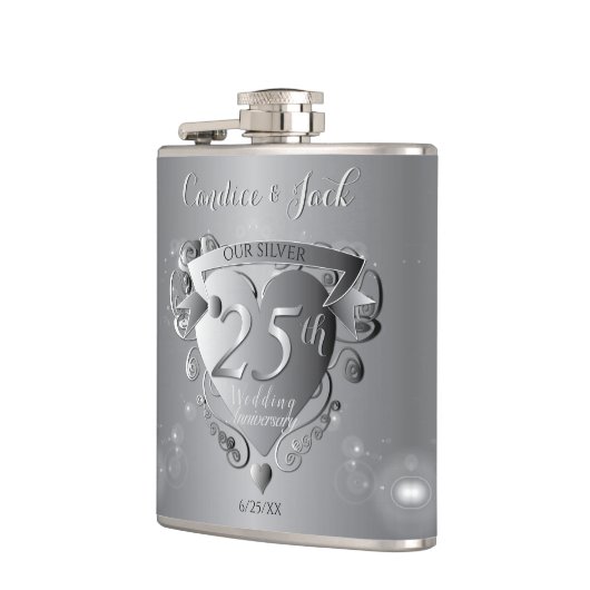 25e bruiloft Jubileum Silvery Heart Heupfles (Links)