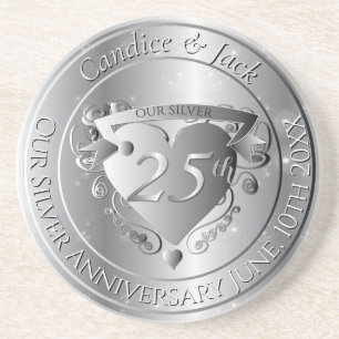 25e bruiloft Jubileum Silvery Heart Zandsteen Onderzetter