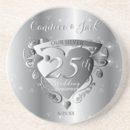 25e bruiloft Jubileum Silvery Heart Zandsteen Onderzetter