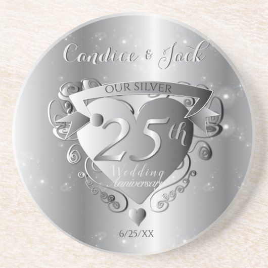 25e bruiloft Jubileum Silvery Heart Zandsteen Onderzetter (Voorkant)