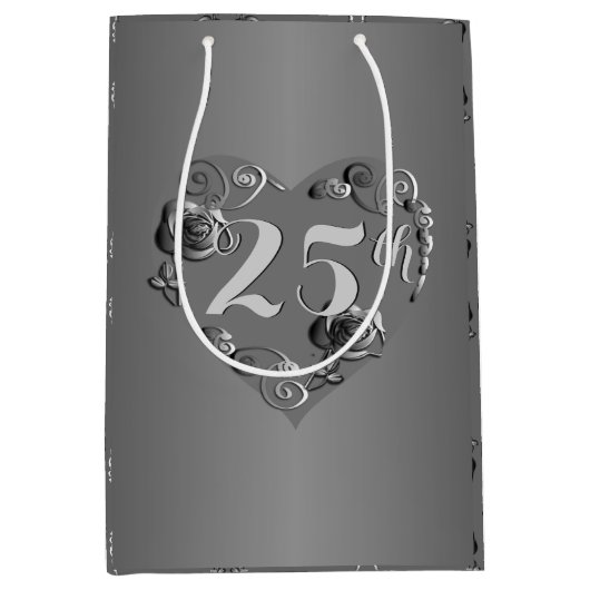 25e bruiloft Jubileum Silvery Roos Heart Medium Cadeauzakje (Voorkant)