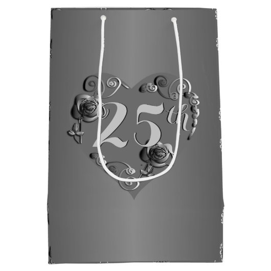 25e bruiloft Jubileum Silvery Roos Heart Medium Cadeauzakje (Achterkant)