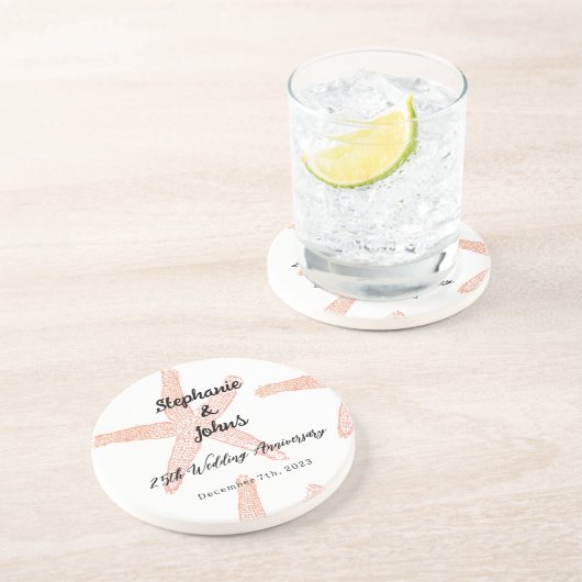 25e bruiloft Jubileum Starfish aangepaste naam cad Zandsteen Onderzetter (Zijkant)