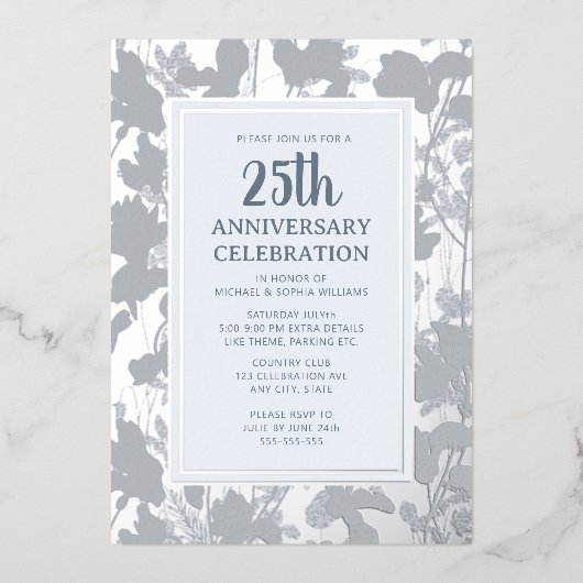 25e bruiloft Jubileum Uitnodiging Zilver Elegant (Voorkant)