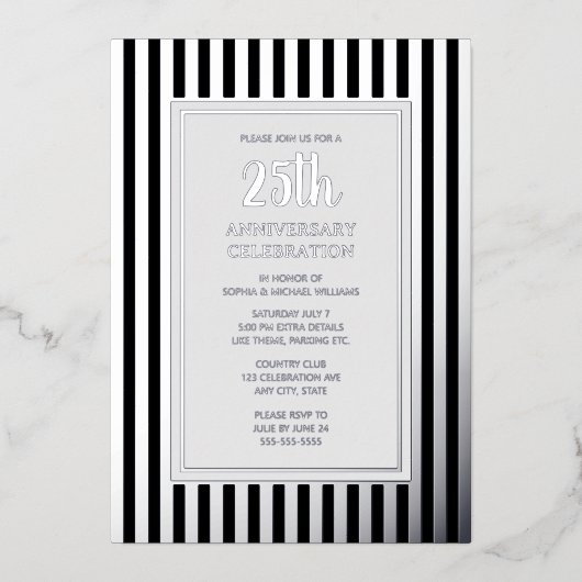25e bruiloft Jubileum Uitnodiging Zilveren Strepen (Voorkant)