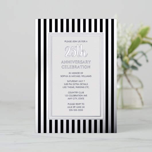 25e bruiloft Jubileum Uitnodiging Zilveren Strepen (Staand Voorkant)