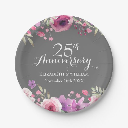 25e bruiloft Jubileum Waterverf Rozen Papieren Bordje (Voorkant)