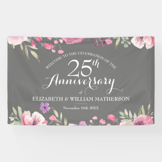 25e bruiloft Jubileum Waterverf Rozen Welkom Spandoek (Horizontaal)