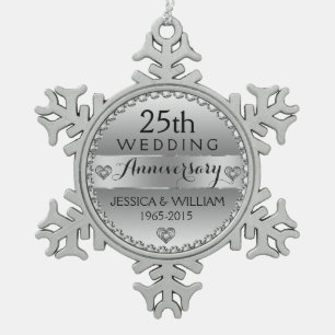 25e bruiloft Jubileum White Diamonds & Silver Tin Sneeuwvlok Ornament