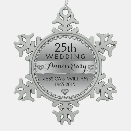 25e bruiloft Jubileum White Diamonds & Silver Tin Sneeuwvlok Ornament (Voorkant)