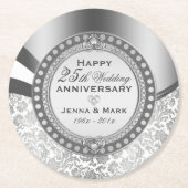 25e bruiloft Jubileum White en Silver Damaskers Ronde Kartonnen Onderzetter (Voorkant)