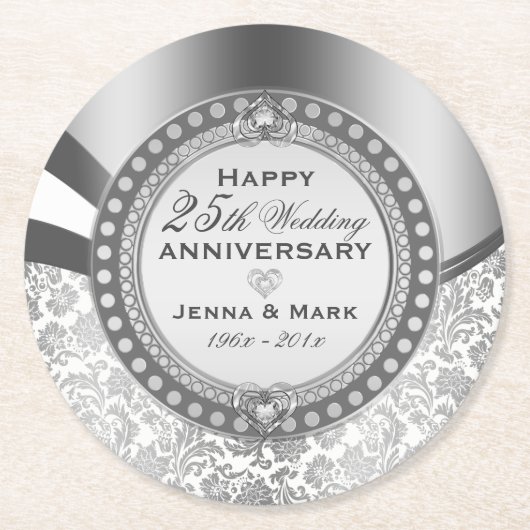 25e bruiloft Jubileum White en Silver Damaskers Ronde Kartonnen Onderzetter (Voorkant)