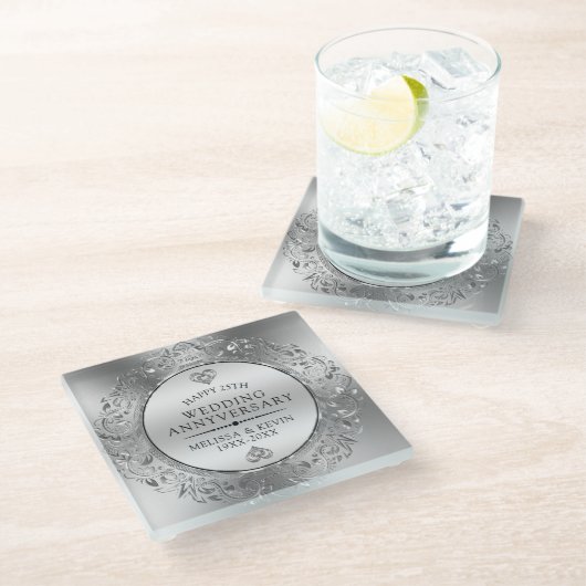 25e bruiloft Jubileum Wit & Zilver Lijst Glazen Onderzetter (Schuin)